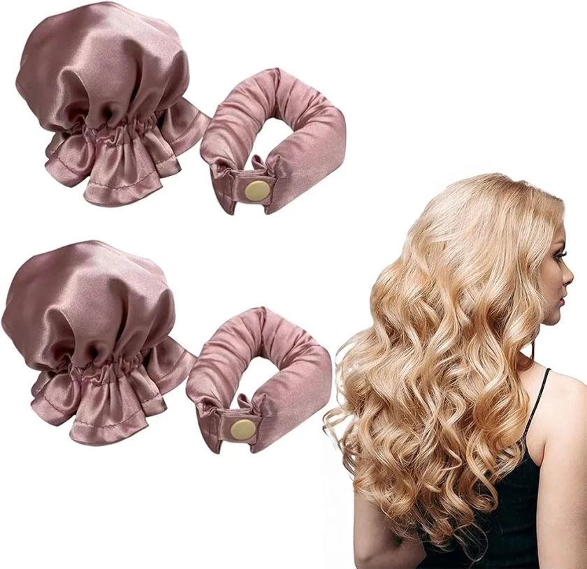 4 Pack of Dark Pink Satin No Heat Curling Iron Soft Silk No Heat Curling Iron With Cap No Heat Set for Night Sleep Easy to Use Hair Styling Tool for Long Medium Curly Straight and Wavy Hair Styles