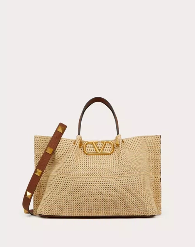 Medium Shopping Bag In Synthetic Raffia for Woman in Biscuit/chocolate | Valentino IT