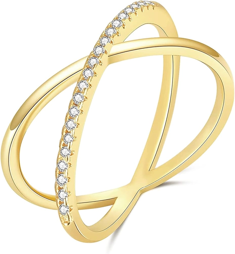TIGRADE 14 K Gold Plated Stacking Ring X Shaped Criss Cross Ring CZ Pave Double Band Eternity Ring for Women Girls