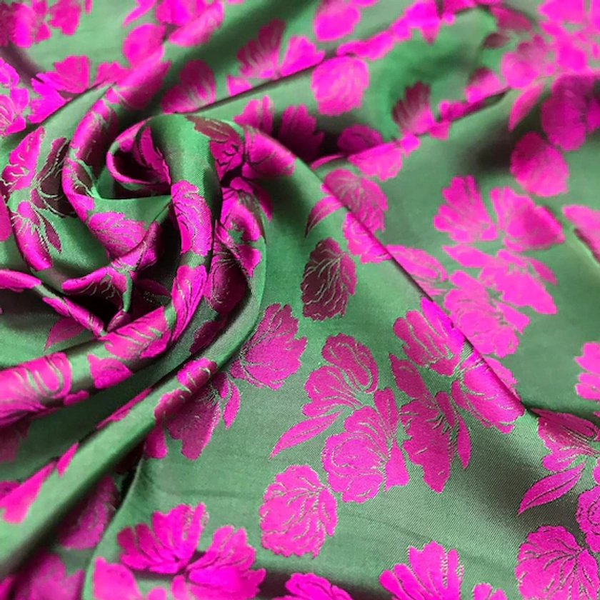 MULBERRY SILK fabric by the yard - Green silk with purple flower - Handmade fabric - Organic fiber - Vintage textile - Gift for women