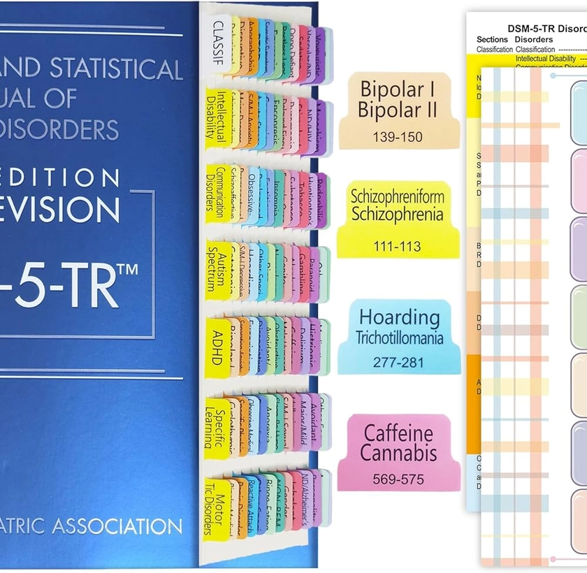 Upgraded Index Tabs for DSM-5-TR 2022, 94 Printed DSM-V-TR Tabs, 100 Tabs in Total, with Alignment Guide & Disorders Description Sheet for The Diagnostic and Statistical Manual of Mental Disorders