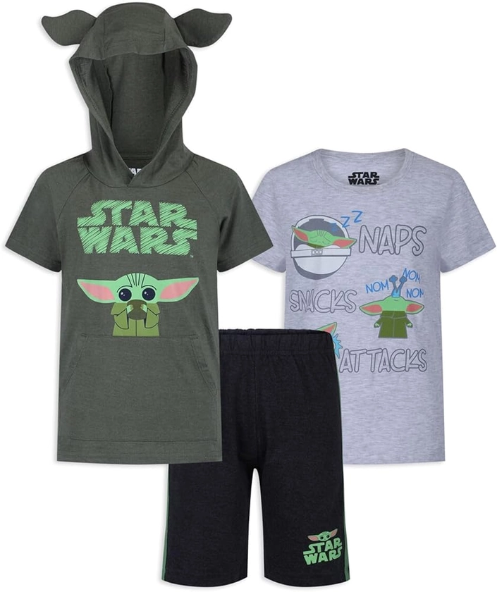 STAR WARS Boys’ Baby Yoda Hooded T-Shirt, T-Shirt and Short Set for Toddler and Little Kids – Green/Grey