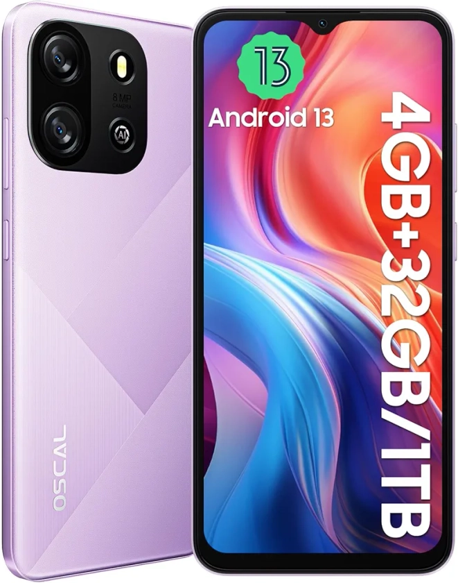 OSCAL Flat 1C Telephone Portable, 4GB+32GB/SD-1To, 6,52" IPS HD Écran, Smartphone Pas Cher Batterie 4700mAh, Android 13, Caméras 8MP+5MP, Smartphone Double SIM/Face ID/GPS/2Ans De Garantie - Violet