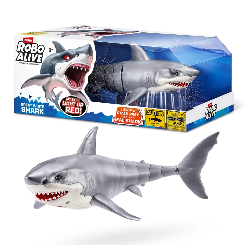 Robo Alive Great White Shark Series 1 by Zuru, Battery-Powered Robotic Light Up Shark Toy, Summer Pool Toy, Bath Toy