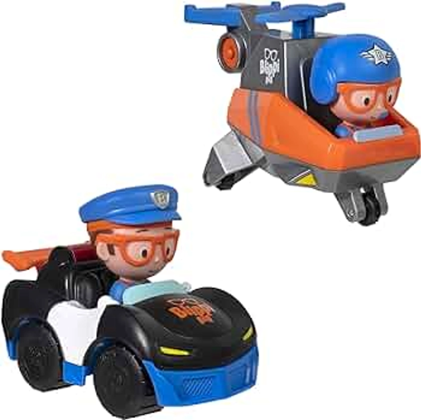 Blippi Mini Vehicles, Including Police Car and Helicopter, Each with a Character Toy Figure Seated Inside - Zoom Around The Room for Free-Wheeling Fun - Perfect for Young Children