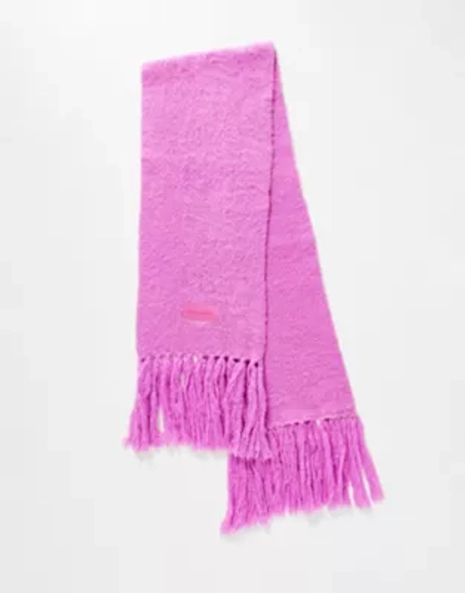 COLLUSION Unisex fluffy knit logo scarf in pink | ASOS