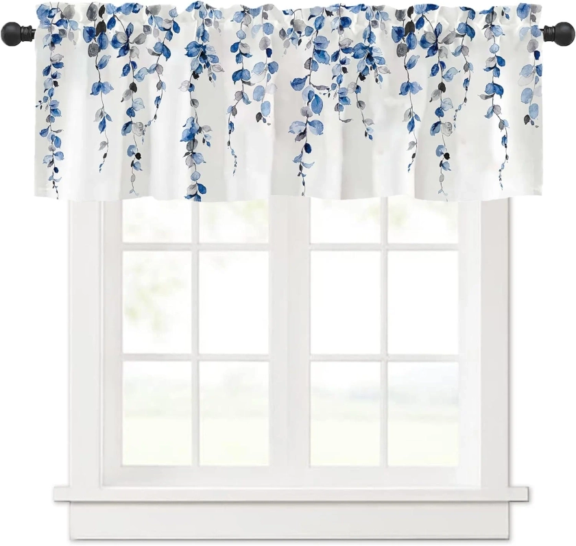 Alishomtll Valance Curtains for Living Room Bedroom Kitchen Windows Grey Blue Watercolor Leaves Print ,52 x 18 inch,Rod Pocket