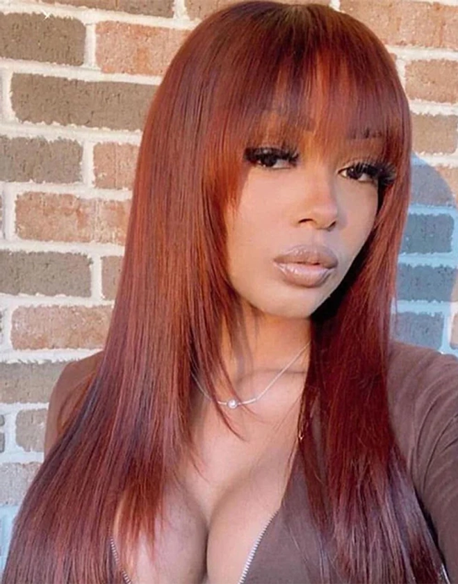 Reddish Brown Straight Wig With Bangs Layer Cut Glueless Human Hair Lace Front Wig