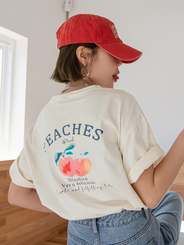 DAZY Peach And Letter Graphic Drop Shoulder Tee