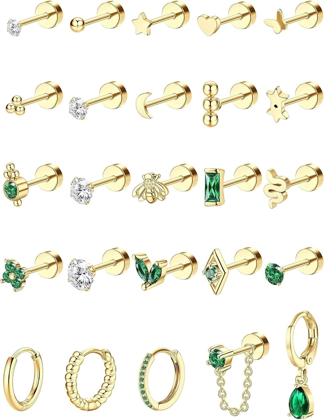 FIOROYAL 25Pcs Flat Back Earrings for Women Girls Surgical Steel Earrings Stud Hoop Earrings Set Snake Butterfly CZ Chain Dangle Emerald Green Earrings Gold Helix Piercing Jewellery Hypoallergenic