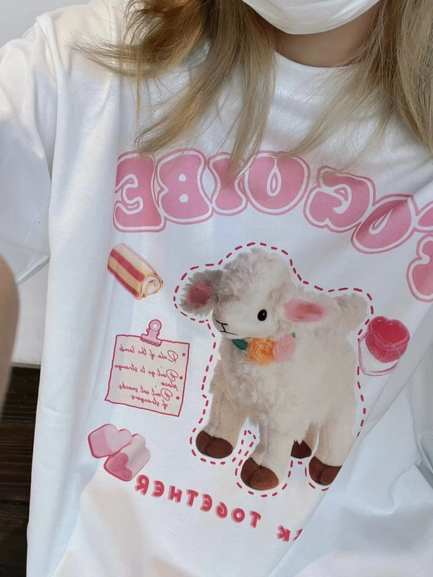 Camiseta gótica de manga curta feminina, camisa extragrande solta feminina, impressão com padrão de cordeiro bonito, camisa Harajuku Street, nova, primavera e verão, 2023