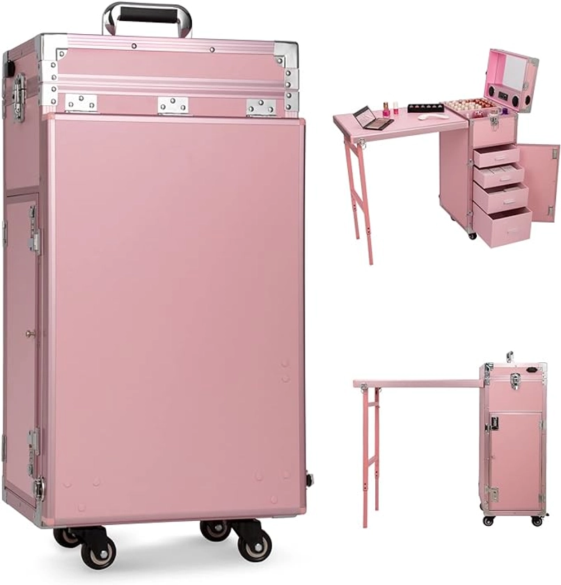 Amazon.com: Icoget Portable Rolling Manicure Table Foldable Traveling Nail Desk w/Storage, Makeup Train Case w/Worktable and Mirror, Bluetooth Player Cosmetic Trolley Case Nail Table, Pink : Beauty & Personal Care