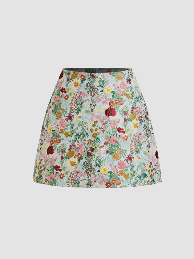 Jacquard Jacquard Mid Rise Floral Zipper Mini Skirt For Vacation Exhibition