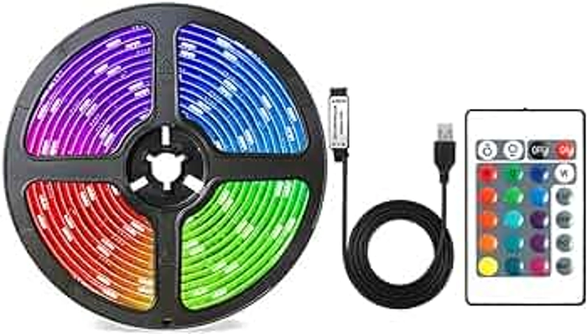 USB Powered LED Strip Lights, 24 Keys Remote RGB 5050 Flexible LED Lights, 16 Dimmable Colors for Decoration (1m)