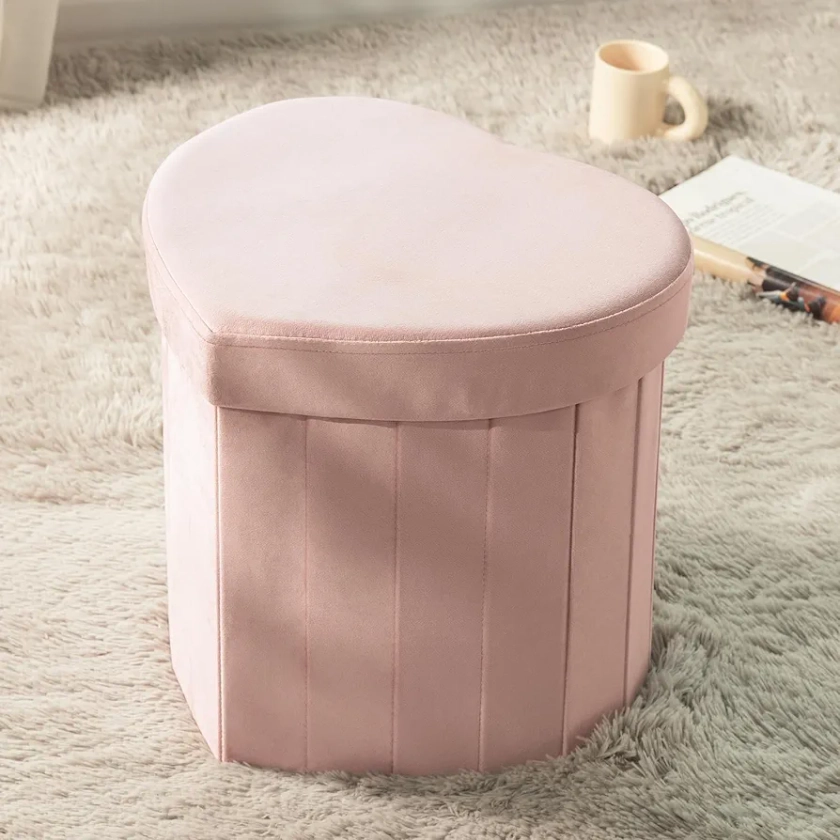 Ashler Pink Storage Ottoman, Heart Shaped Velvet Foldable Ottoman, Folding Storage Ottoman for Living Room, Bedroom, Kid, Weight Capacity 220 lbs, 25 Liters Capacity, 15 in