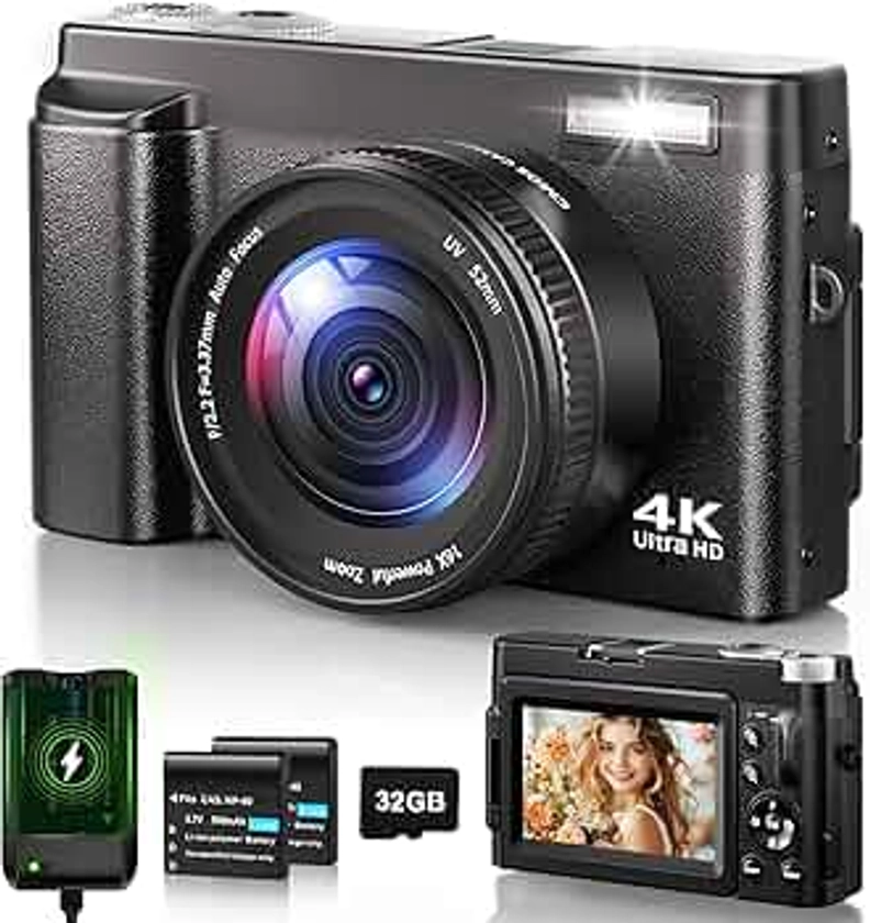 Appareil Photo Numérique 4K, Autofocus 48MP Appareil Photo à Zoom 16X, Écran LCD Rabattable à 180 ° Caméra Vlog Compacte HD avec Station de Charge, 2 * 800 mAh, Carte 32GB pour Débutants, Enfants