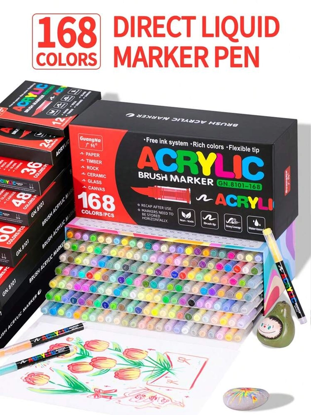 168/120/72/60/48/36/24/12 couleurs Stylos marqueurs acryliques avec embout flexible, encre opaque superposable, pinceaux de peinture DIY pour étudiants et artistes disponibles en plusieurs options de couleurs