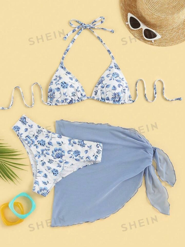 SHEIN Swim Mod Floral Print Triangle Bikini Swimsuit With Beach Skirt