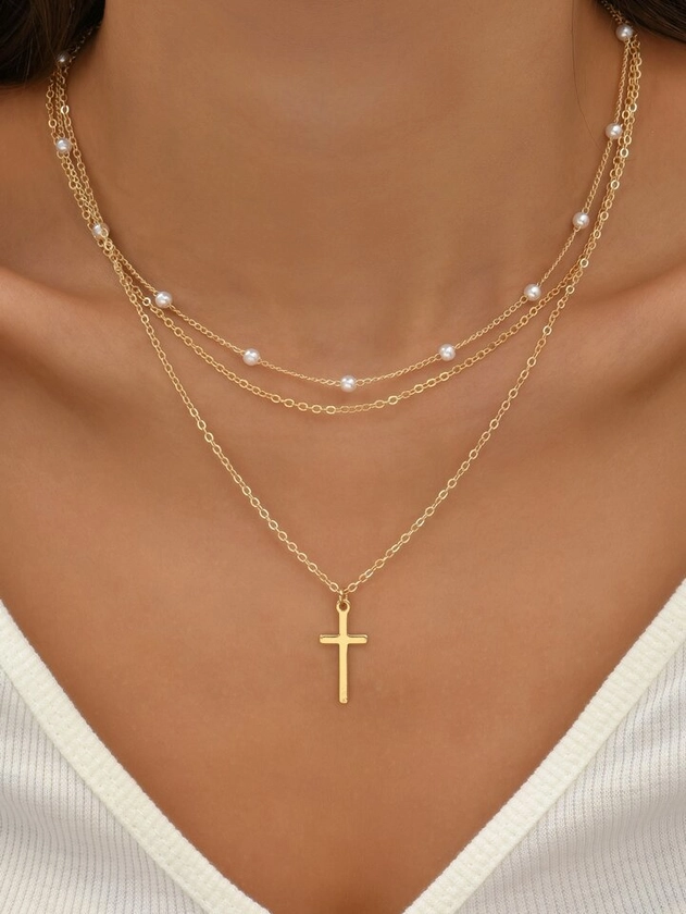 2pcs Women's Faux Pearl & Cross Pendant Necklace (Random Pearl Quantity)