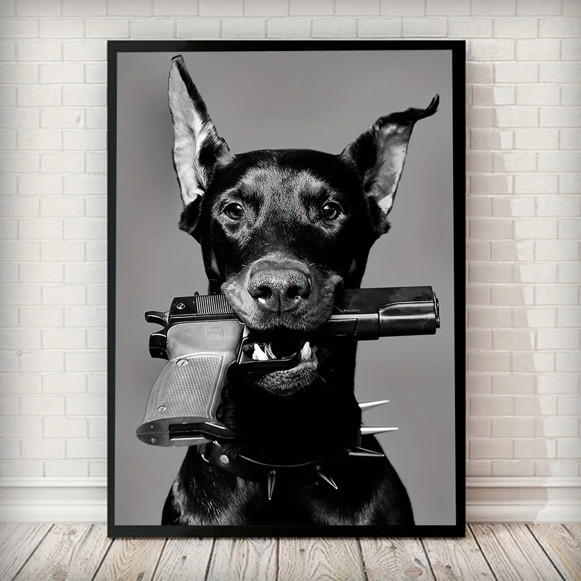 1pc Luxury Black and White Doberman and Gun Poster for Nordic Home Decor - Printed Canvas Wall Art Picture - 15.7x23.6in