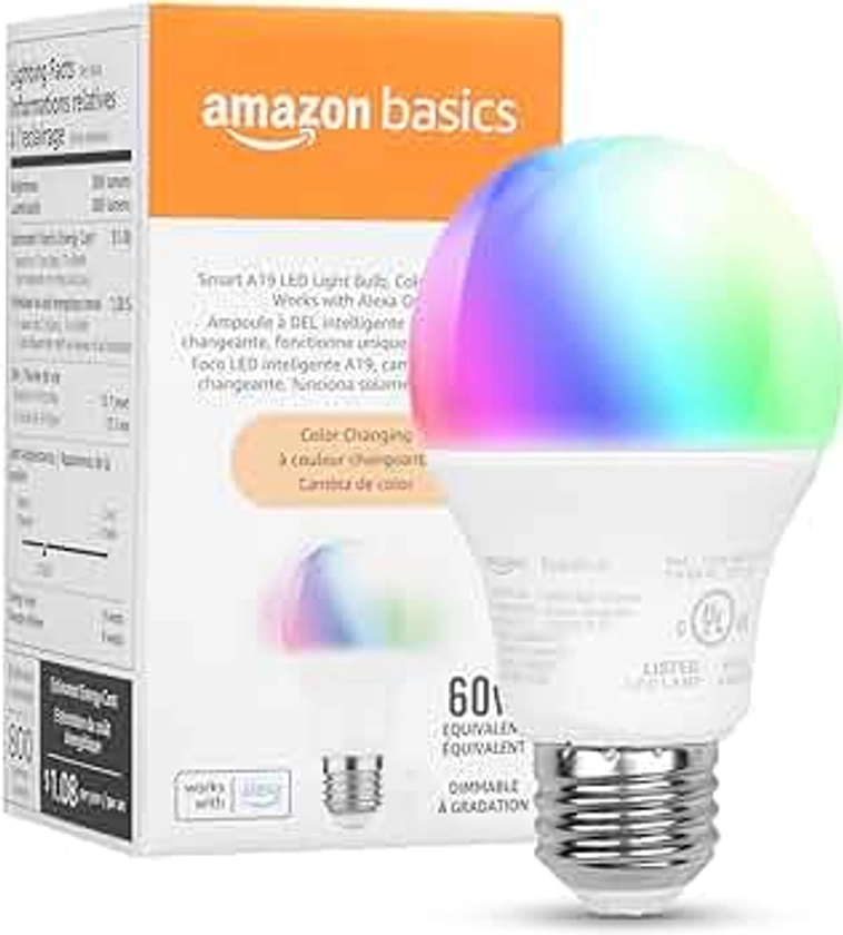 Amazon Basics Smart A19 LED Light Bulb, Color Changing, 9W (60W Equivalent), 800LM, Works with Alexa Only, 2.4 GHz Wi-Fi, No Hub Required, 1-Pack