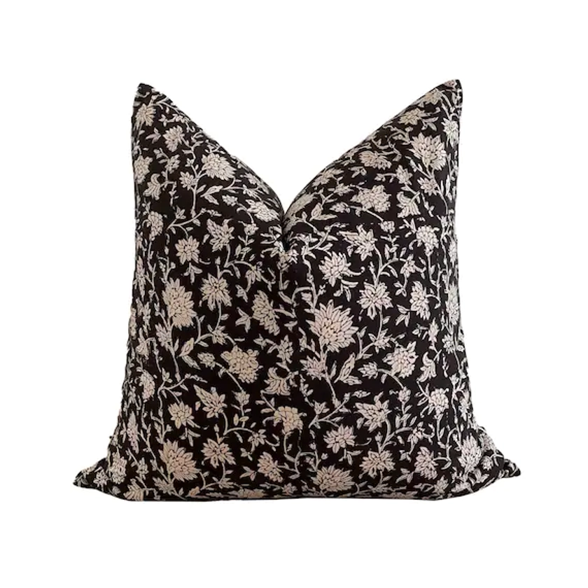 Black Floral Block Print Pillow Cover, Cotton Block Print Pillow