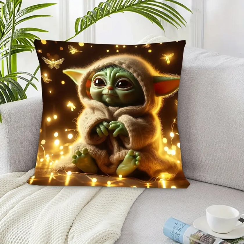 Star * Inspired Plush Pillow Cover 18x18 Inch - Cute Yoda Design, Single-Sided Print, Decorative Cushion Case for Living Room and Bedroom, Suitable