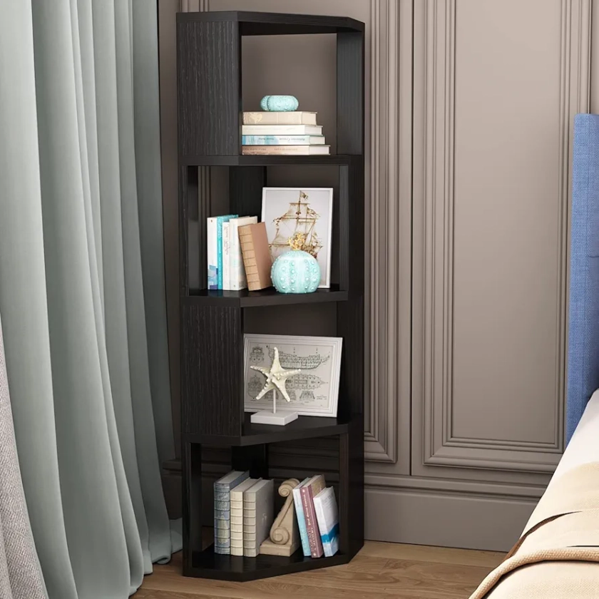 5 Tier Corner Shelf Bookcase Wooden Display Bookshelf Storage Rack,Standing Tall Corner Bookshelf Display Unit Storage Rack,Multipurpose Shelving Unit for Living Room and Home Office, Black