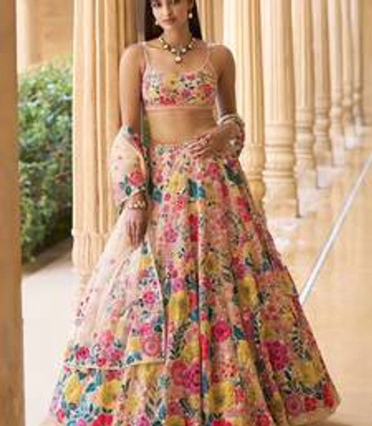 Multicolored Thread and Sequins Embroidred Georgette Semi Stitched Lehenga Choli for Bride - AASTHA FASHION - 4291689