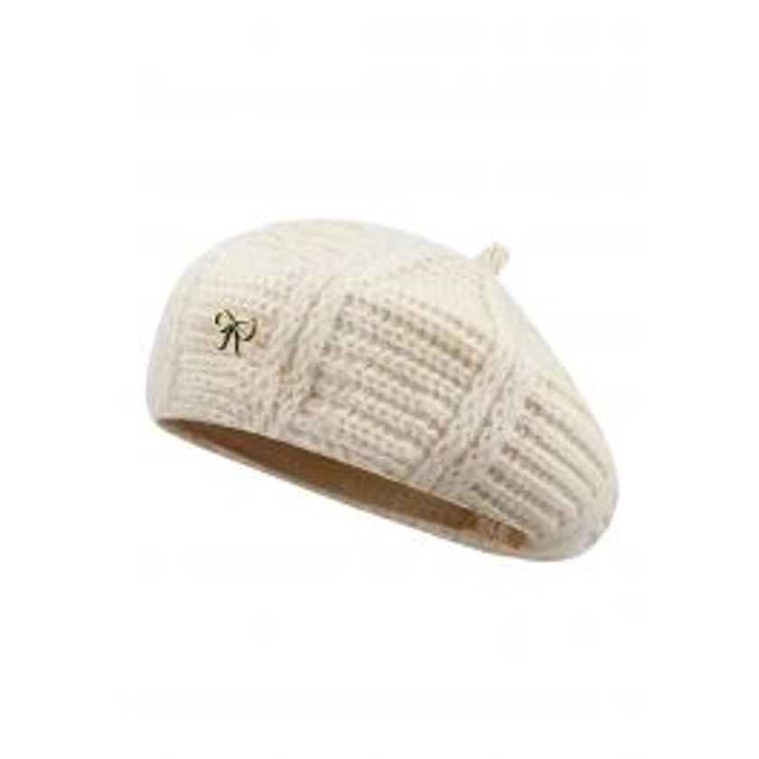 Little Bow Decor Knitted Beret in Cream