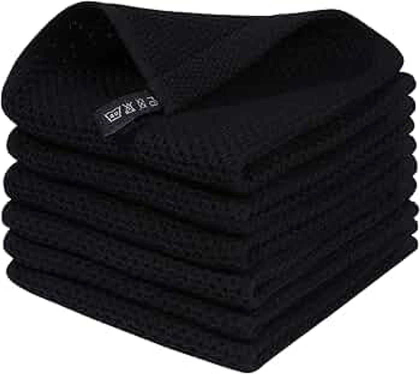 Homaxy 100% Cotton Waffle Weave Kitchen Dish Cloths, Ultra Soft Absorbent Quick Drying Dish Towels, 12x12 Inches, 6-Pack, Black