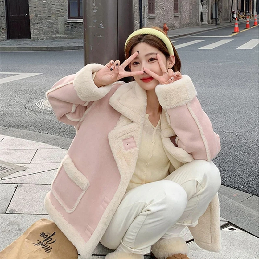 Korean Coquette Aesthetic Ladies Pink Winter Jacket Shearling Coat