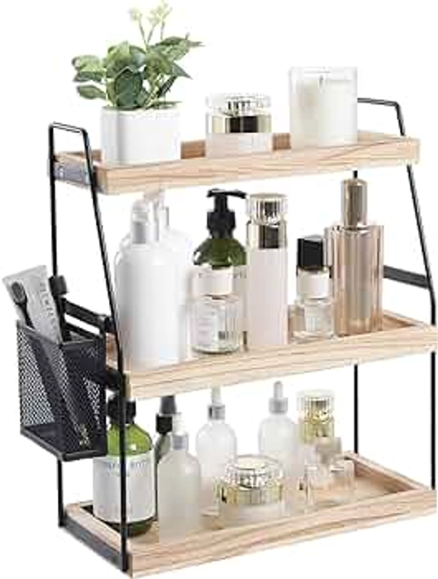 Bathroom Organizer Countertop, 3-Tier Standing Counter Shelf with Basket, Wood Tray for Kitchen Vanity Organizer