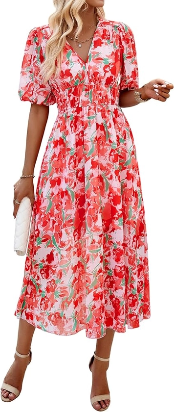Womens Flowy Smocked Elastic Waist Short Sleeve V Neck Floral Midi Dress Casual Spring Summer Sun Dress for Women 2024