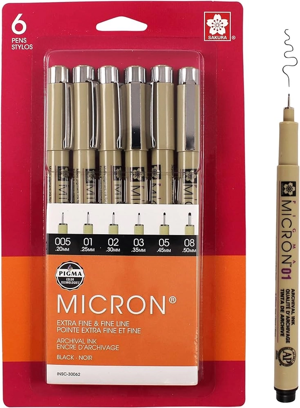 Amazon.com: SAKURA Pigma Micron Fineliner Pens - Archival Black Ink Pens - Pens for Writing, Drawing, or Journaling - Assorted Point Sizes - 6 Pack