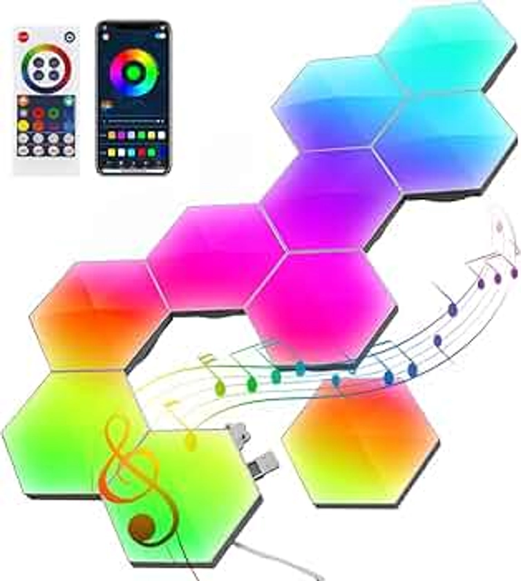 Hexagon LED Wall Lights - 10 Pack Gaming Lights, Smart Modular RGB-IC Honeycomb Light with APP Remote Control and Music Sync Gaming Setup Lighting Bars DIY Geometry Module for Game Room, Bedroom