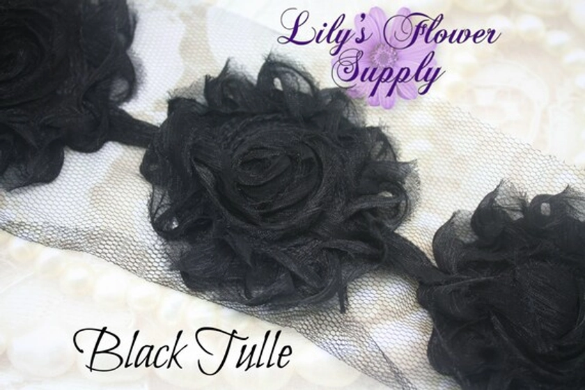 Black Tulle Shabby Rose Trim - Shabby Flower trim - Shabby Flower - Chiffon Flower - Black Tulle - Shabby Chic - Rose Trim - Wholesale