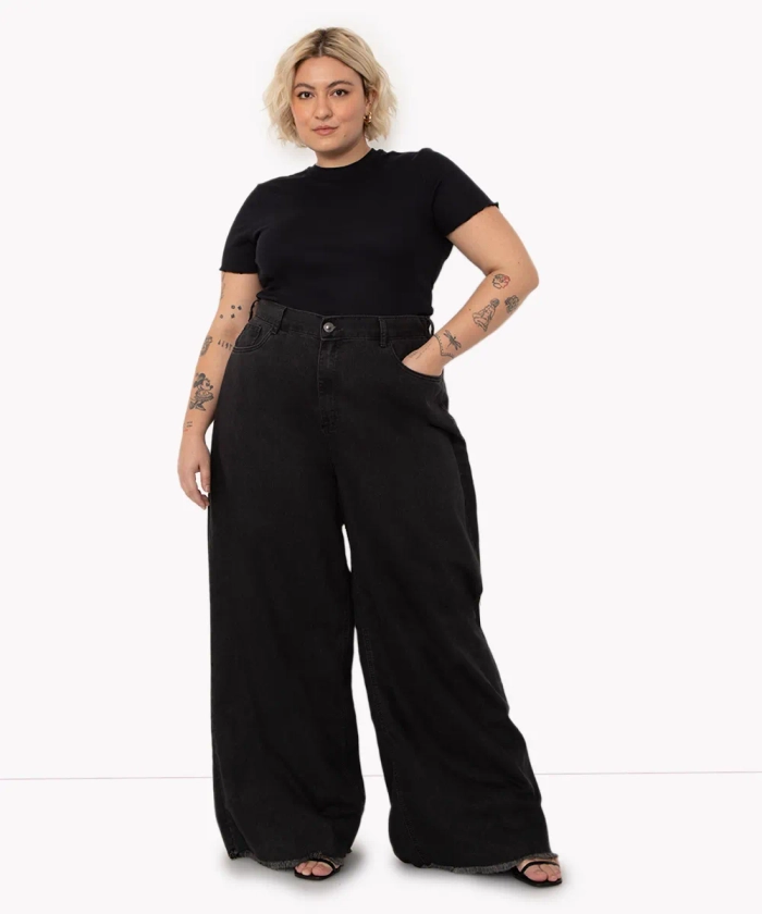 calça jeans wide plus size cintura super alta preta preto