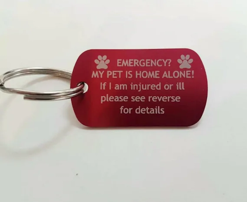 Pet Emergency Keyring Personalised, Engraved, Dog/cat, Animal, Pet Home Alone Safety fob key chain. Safety help SOS