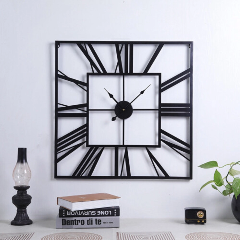 60CM Large Metal Skeleton Roman Numeral Wall Clock Black Metal Square Room Decor on OnBuy