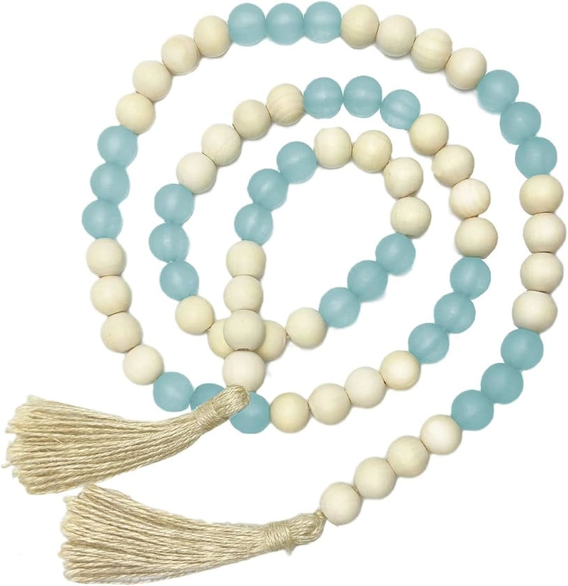 Amazon.com: OMISHE Wood Bead Garland with Tassels 52 Inches, Handmade Wooden Beads with Round Acrylic Beads, Boho Wooden Beads Home Decor, Farmhouse Beads Garland for Tiered Tray Decor Beach Decor Light Blue : Home & Kitchen