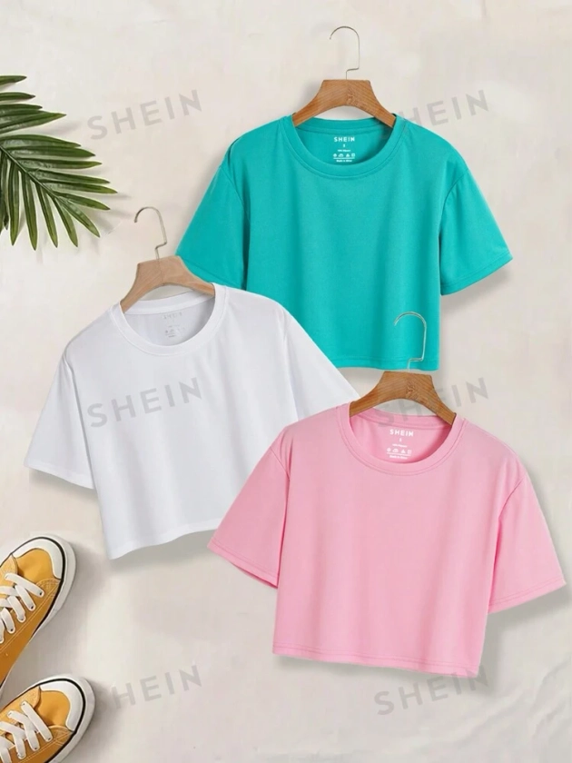 SHEIN EZwear Women's Summer 3-Piece Set Of Solid Color Crop-Sleeved Cropped T-Shirts With Round Neckline