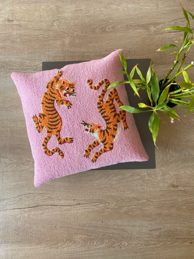 Handmade Punch Needle 'tibetan Tigers ' Pillow Cover, Cushion Cover ,18x18 Pillow Cushion for Sofa or Bed, Pink Pillow Cover, 18x18 Cover - Etsy