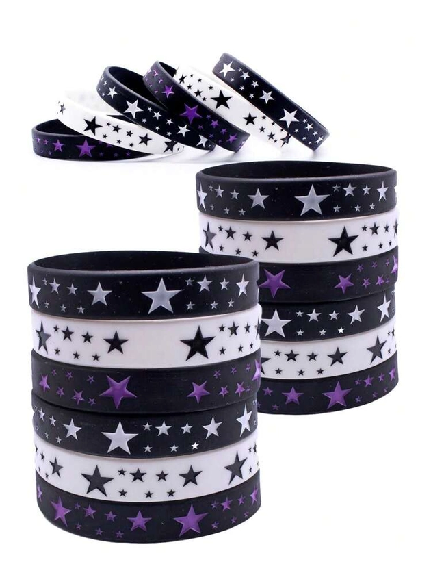 3 piezas Pulsera de silicona negra y blanca con patrón de estrellas