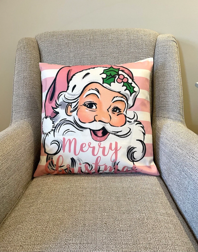 Pink Santa Claus Cushion Cover | Candy Striped Christmas Decor | Fun Christmas Decor | Pink and White Christmas Decor