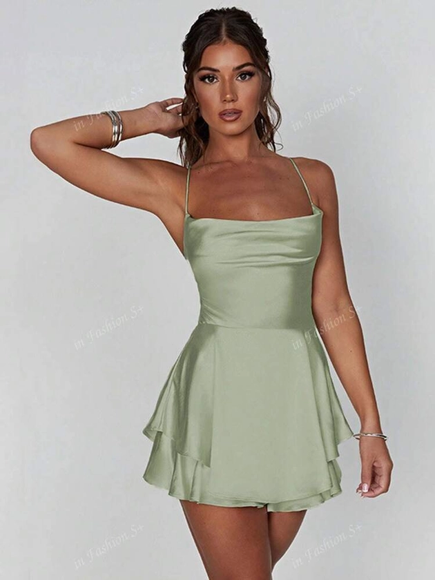 1pc Sexy Backless Satin Halter Dress With Ruffle Skirt, Suitable For Bars, Parties And Home Use