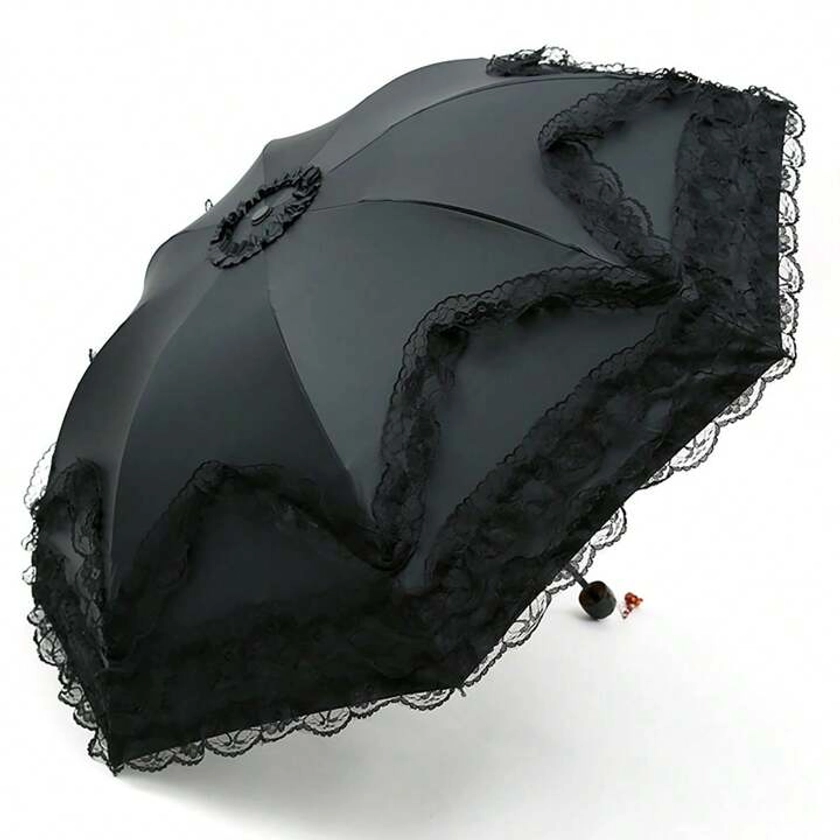 Paraguas princesa de encaje con diseño de borde de flores, sombrilla anti-UV recubierta en negro y plegable en tres partes, para días tanto lluviosos como soleados
