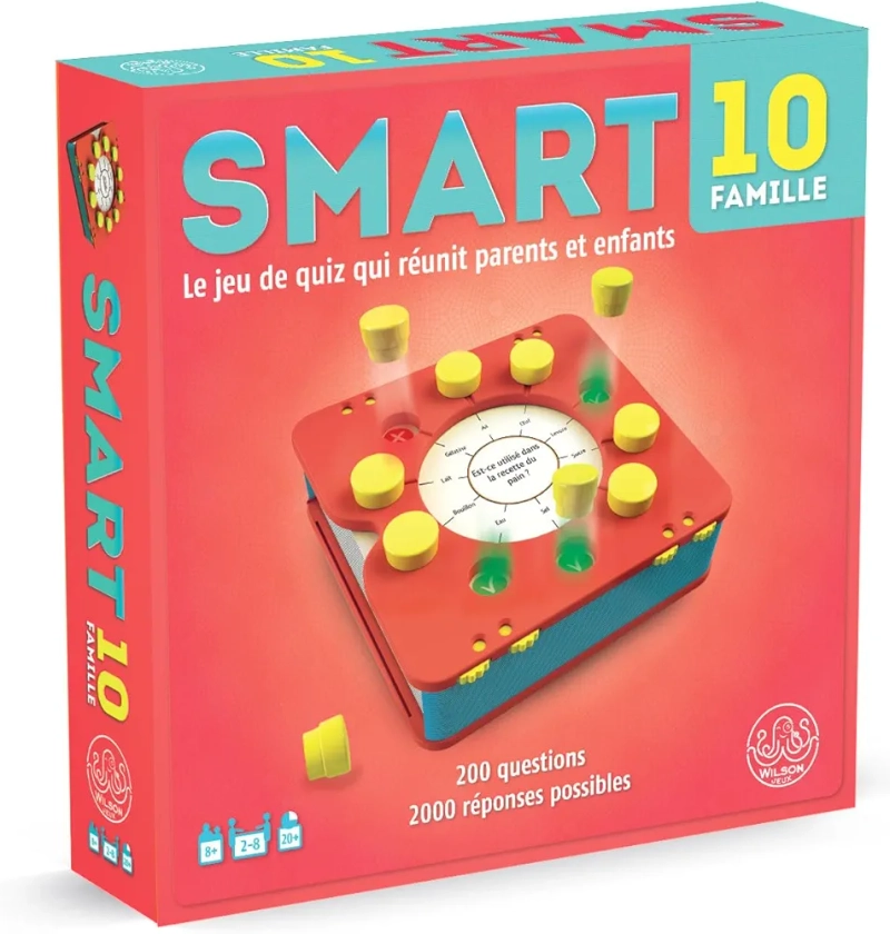 WILSON JEUX | Smart 10 Famille Version française | Jeu de Quiz Fun et Compact | Jeu de Quiz Nomade pour 2 à 8 Joueurs à partir de 7 Ans| Jeu de Quiz avec 100 Cartes Questions Doubles-Faces | MA005