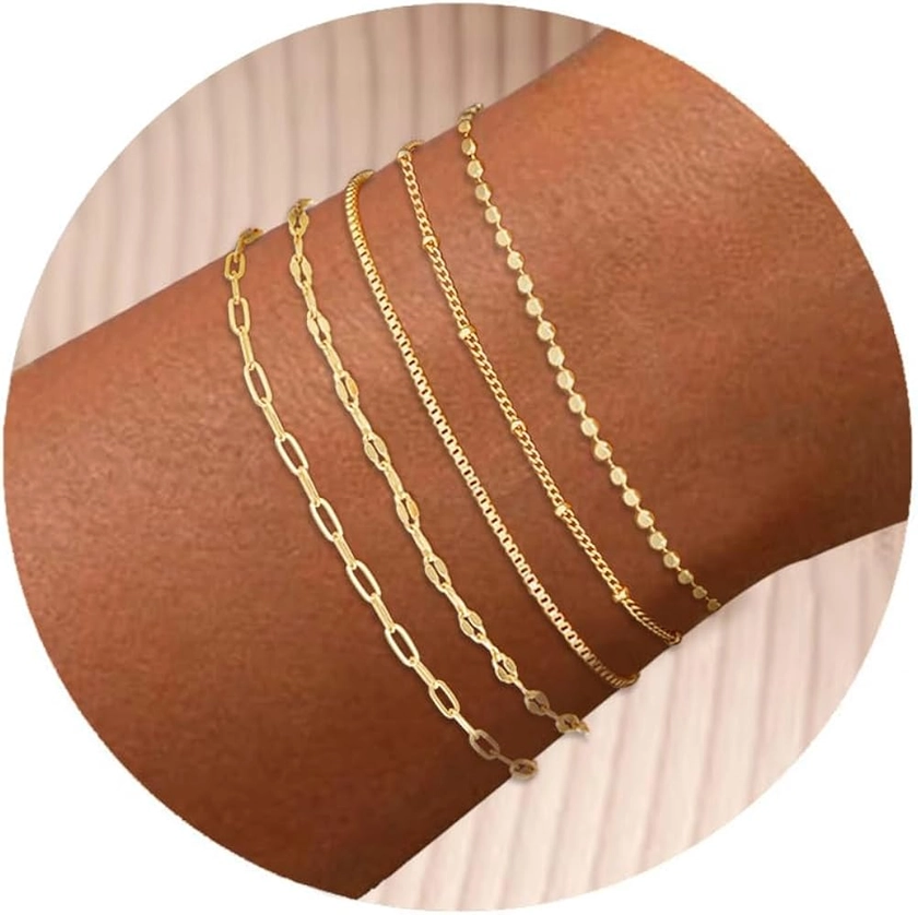 5 Pcs Gold Chain Bracelets Stack Set for Women Trendy, Dainty 14K Gold Plated Satellite Bracelet Adjustable, Thin Paperclip Link Stackable Bracelets for Women