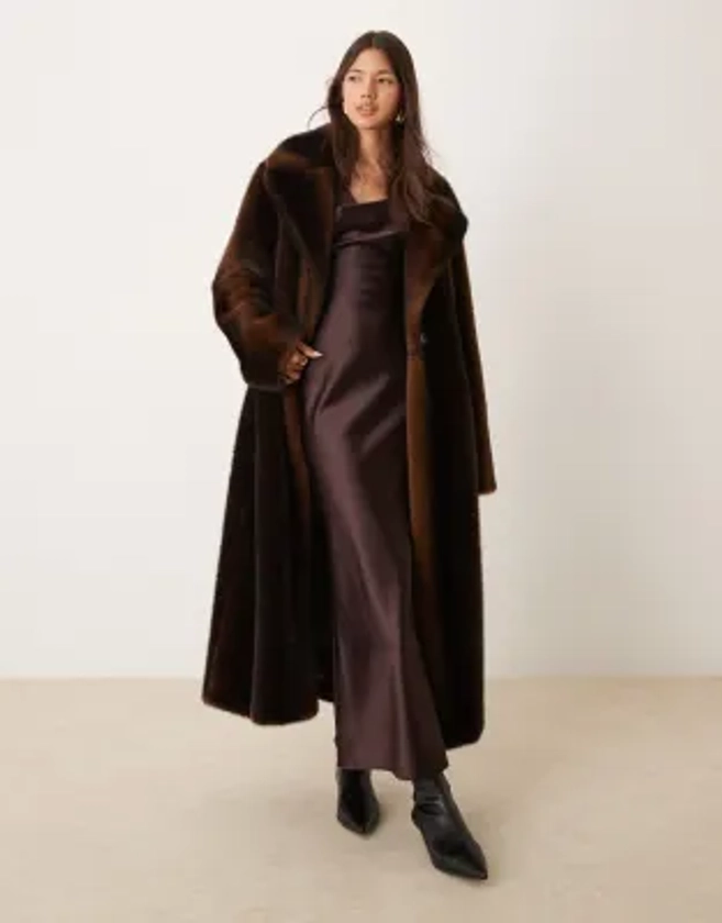 ASOS DESIGN longline vintage look faux fur coat in brown | ASOS